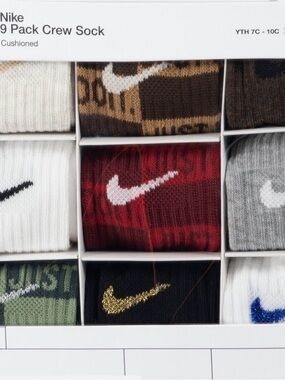 Nike YOUTH 9PC CREW SOCKS CUSHIONED GIFT PACK SIZE 10C-3Y
